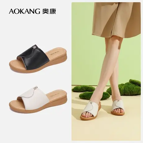 【门店发货】奥康女鞋 夏季新款透气一字拖妈妈凉拖鞋外穿真皮潮商品大图