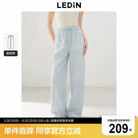 乐町梭织微皱肌理蓝色阔腿裤2025春季新款韩系清甜休闲直筒长裤商品大图