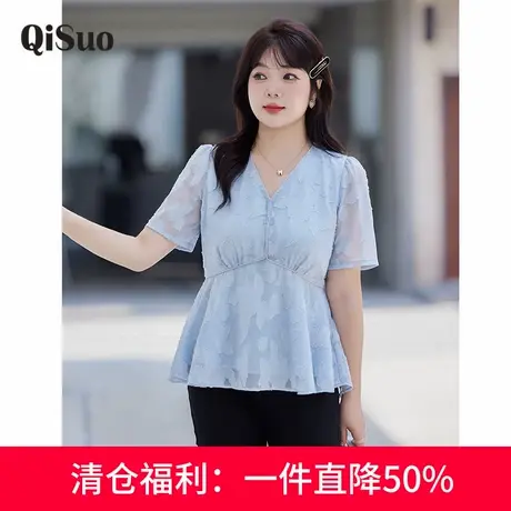 显瘦大码胖MM上衣女夏装新款V领收腰A字遮肚子短袖气质提花雪纺衫商品大图