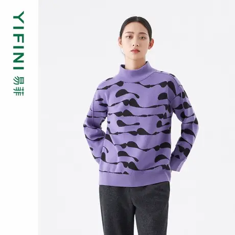 [专柜同款]Yifini/易菲宽松落肩小高领保暖针织衫百搭通勤毛衣女商品大图