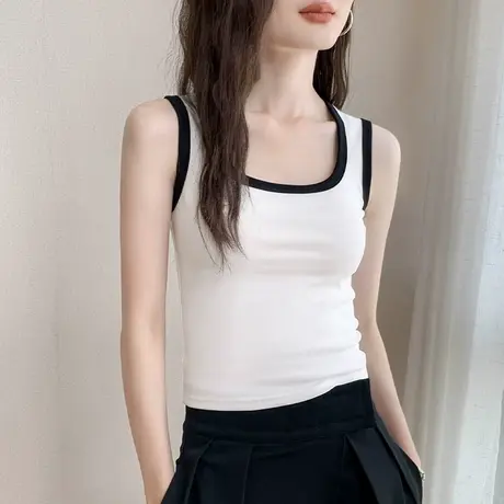 拼色方领吊带背心女2025夏季新款纯棉设计感小众衬衫内搭修身上衣商品大图