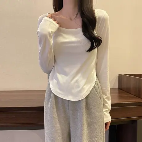 方领正肩长袖T恤女春秋磨毛韩版修身小个子短款双面德绒打底上衣商品大图