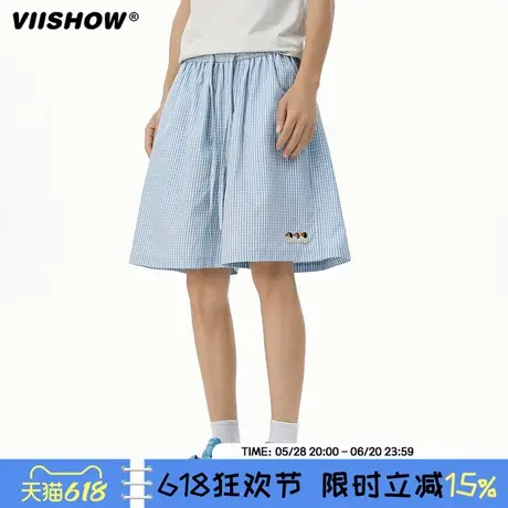 VIISHOW夏季粉色条纹刺绣抽绳松紧五分裤男潮牌情侣宽松百搭短裤商品大图
