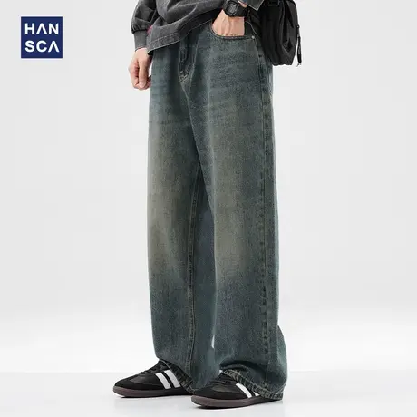 hansca纯棉丹宁直筒牛仔裤男秋季新款复古蓝色重工水洗宽松长裤子商品大图