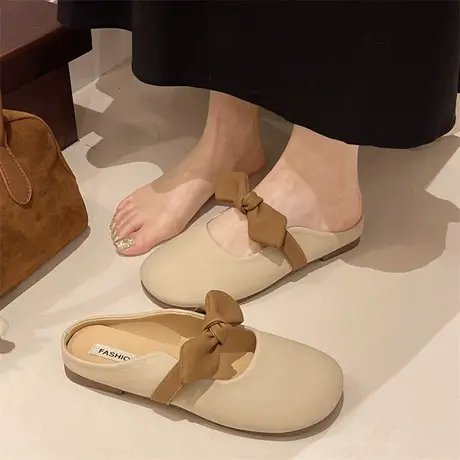 包头拖鞋女外穿2025年春夏季新款百搭浅口单鞋蝴蝶结平底半拖鞋潮商品大图
