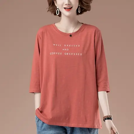 七分袖t恤女春秋夏季半袖加大码女装宽松纯棉百搭休闲中袖打底衫商品大图