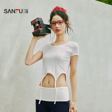 三福女夏季蕾丝拼接短袖T恤 时尚甜美清新少女休闲上衣504262商品大图