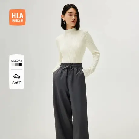 【含羊毛】HLA/海澜之家通勤针织衫秋新款黑色半高领套头毛衣女装商品大图