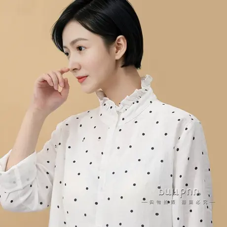 波点衬衣带胸垫女长袖内搭免穿文胸全棉木耳边衬衫上衣商品大图
