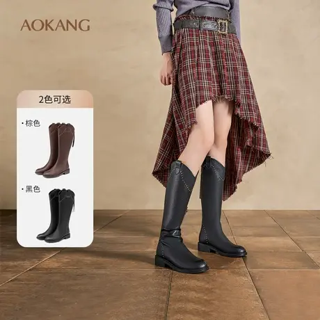 奥康 女鞋冬季经典复古骑士长筒靴显瘦气质高筒西部靴女商品大图