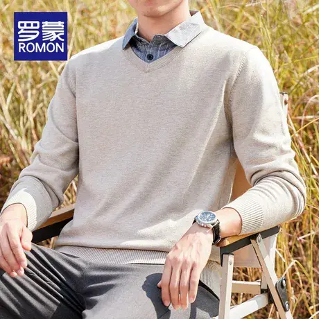 罗蒙男毛衣秋冬季2025新款衬衫领假两件针织衫修身衬衫领上衣男款图片