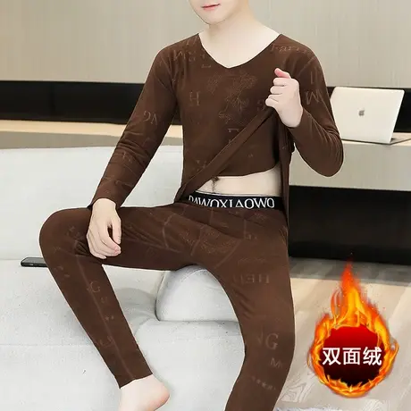 2025新款男士德绒保暖内衣套装秋冬无痕双面绒秋衣秋裤V领打底衫商品大图