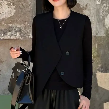 欧货不规则V领无袖西装马甲女2025秋季新设计感气质叠穿马夹坎肩商品大图
