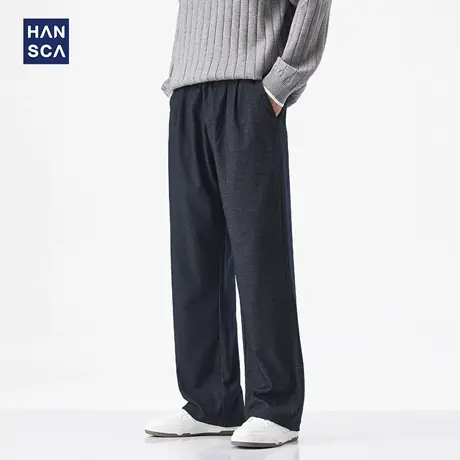 hansca复古斜纹直筒休闲裤男秋季新款宽松大码压褶百搭仿牛仔长裤商品大图