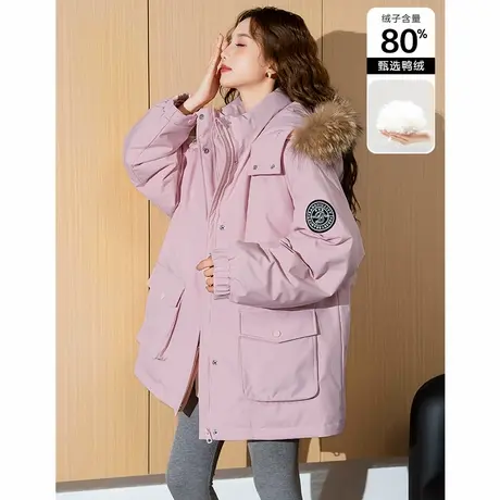 【防水】唐狮2024冬季新款粉色羽绒服女工装户外连帽保暖羽绒外套商品大图