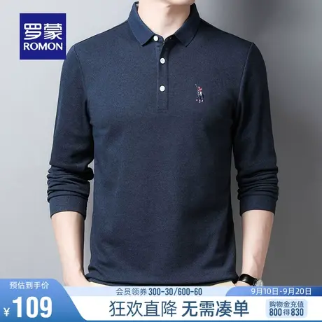 罗蒙男士商务休闲长袖POLO衫2023秋季纯色百搭中青年简约修身T恤商品大图
