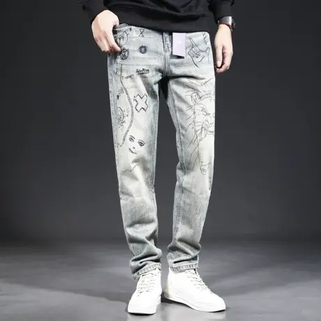 春秋潮牌卡通图案牛仔裤男宽松直筒浅色潮流个性帅气男士裤子痞帅商品大图
