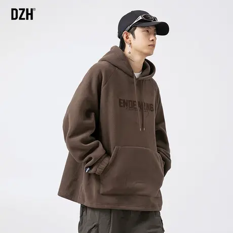 男士连帽加绒摇粒绒卫衣男秋冬款重磅美式男款外套咖啡色宽松上衣商品大图