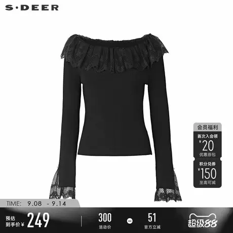 sdeer圣迪奥冬季女装优雅圆领蕾丝拼接修身针织衫S244Z3508商品大图