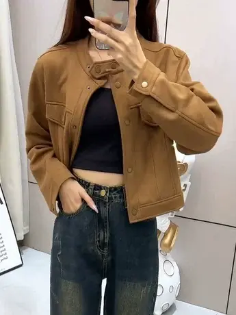 麂皮绒秋冬2023新款韩版设计感外套女宽松显瘦短款长袖夹克上衣女商品大图