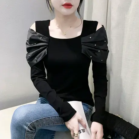 欧货烫钻拼接露肩上衣黑色镂空T恤女长袖气质减龄性感修身打底衫商品大图