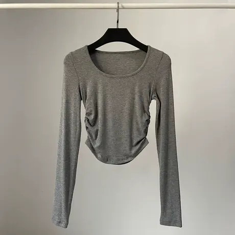 短款褶皱收腰下摆长袖T恤女秋季韩版修身内搭打底衫方领正肩上衣商品大图