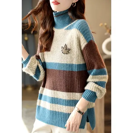 宝诗黎高领条纹落肩羊毛毛衣女加厚秋冬流行针织衫慵懒风别致上衣图片