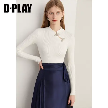 DPLAY2023冬新中式气质奶油白小立领金属盘扣国风修身针织上衣商品大图