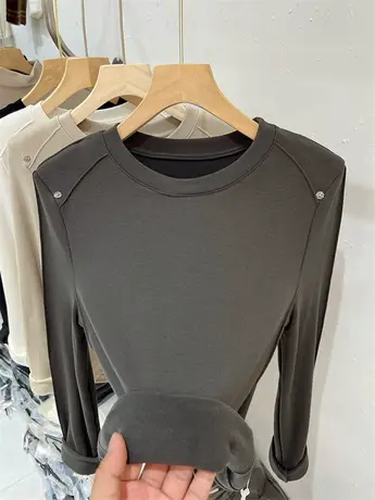 秋冬装圆领薄绒针织打底明线T恤女修身2023纯色羊绒软糯内搭上衣商品大图