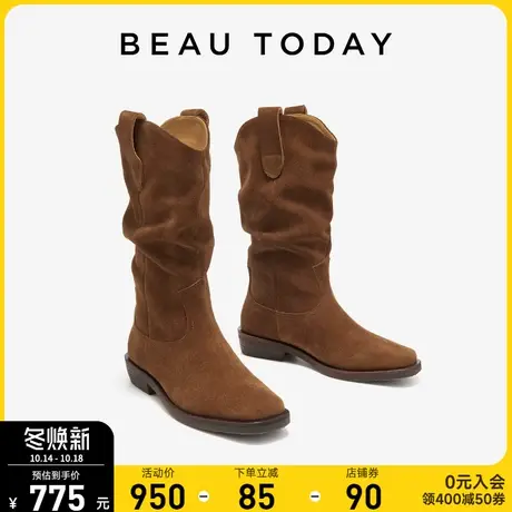 BeauToday复古西部牛仔靴女2023年新款靴子女长筒靴粗腿时装靴女图片