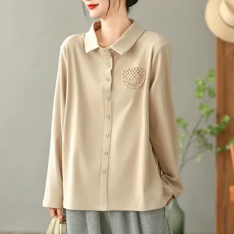 dza 复古纯色贴布羊毛衬衫女士秋冬内搭加厚衬衣短款休闲显瘦上衣商品大图