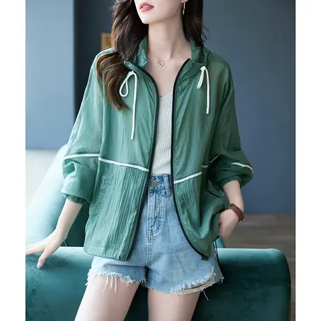 宝诗黎连帽抽绳宽松大码外套长袖拉链开衫时尚防晒衣2023夏季新款图片