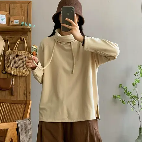 dza 复古纯色抽绳加绒高领卫衣女秋冬内搭长袖上衣宽松内搭打底女商品大图