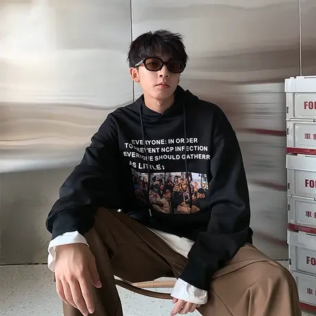唐狮美式照片情侣卫衣春秋款潮牌连帽卫衣宽松oversized上衣外套商品大图