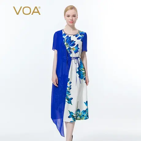 VOA真丝印花重绉圆领短袖乔其拼接不对称绑带明线装饰桑蚕丝T恤图片