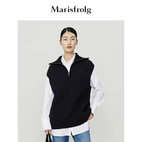 【商场同款】玛丝菲尔冬季新款黑色宽松拉链高领针织衫商品大图