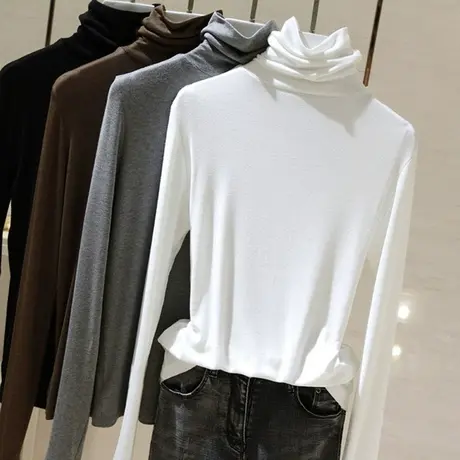 2023春秋冬季新款内搭白色加绒打底衫高领洋气黑色德绒长袖t恤女图片