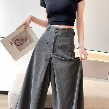 灰色西装裤女宽松春秋新款高腰显瘦设计感宽腿垂感休闲拖地阔腿裤商品大图