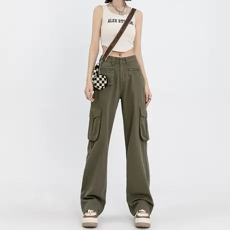 军绿色牛仔裤女春秋季2023年新款潮美式炸街直筒宽松阔腿工装裤商品大图