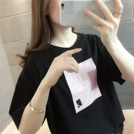 短袖T恤女装韩版宽松显瘦圆领印花学生ins潮百搭上衣2023新款夏季图片