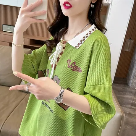 华夫格短袖t恤女夏韩版宽松大码女装中长款翻领polo衫假两件上衣商品大图