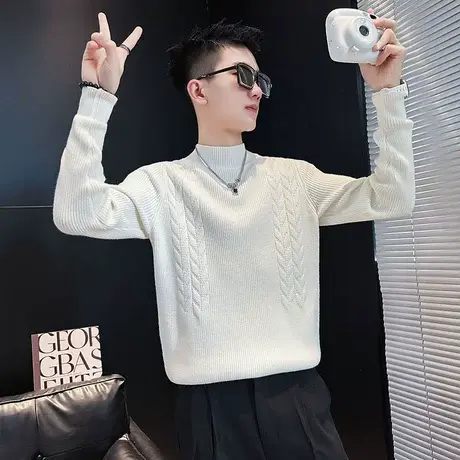 半高领毛衣男潮流内搭纯色高级感ins重磅秋冬条纹青年打底针织衫商品大图