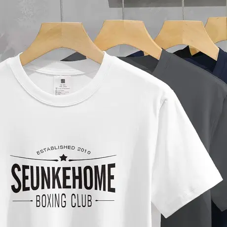 美式重磅纯棉短袖t恤男装圆领白色上衣服夏季液氨长绒棉全棉半袖商品大图