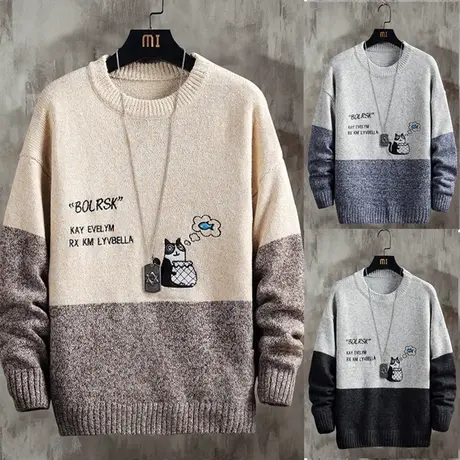 2023年秋冬季新款韩版男士毛衣卡通加绒加厚潮牌针织衫衣服打底衫商品大图