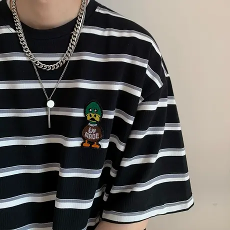 短袖t恤男条纹薄款棉质五分半袖港风休闲百搭圆领卡通刺绣打底衫商品大图