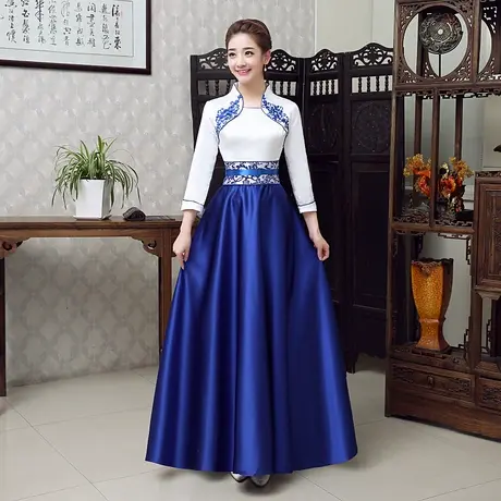 礼仪旗袍迎宾小姐服长款青花瓷迎宾服酒店学生礼服短演出服旗袍商品大图