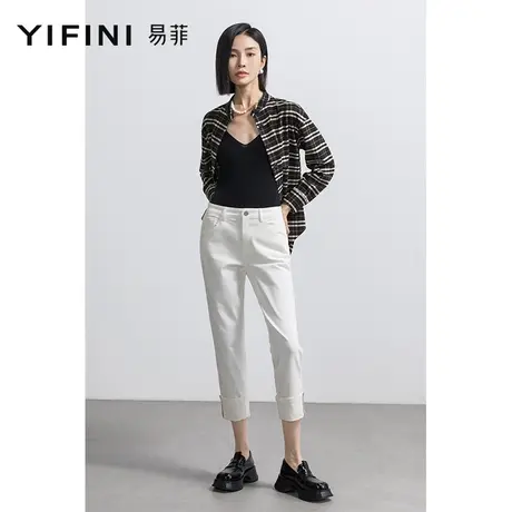 Yifini/易菲春秋新款棉弹白色八分裤牛仔裤女高腰修身小脚裤图片