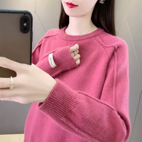 秋冬女士圆领毛衣2025新款纯色厚款套头针织衫短款宽松上衣打底衫商品大图