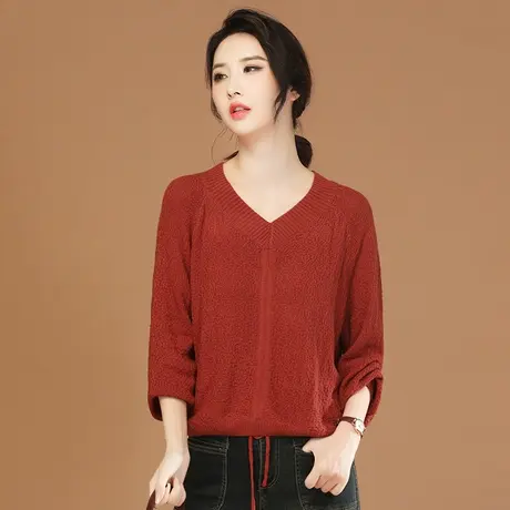 韩潮袭人红色V领抽绳长袖套头毛衣女冬季新款外穿针织衫设计感商品大图