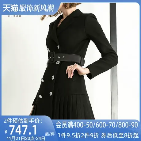 AUI黑色设计感西装毛呢外套女2023秋冬新款小众高级修身呢子大衣图片